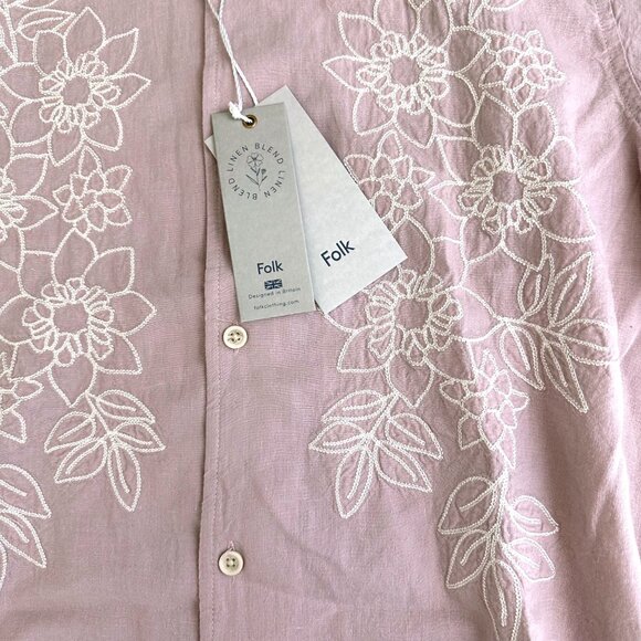 NWT Folk Men's Linen Blend Shirt Tropical Pale Pink White M NEW Short Sleeve - Picture 3 of 8